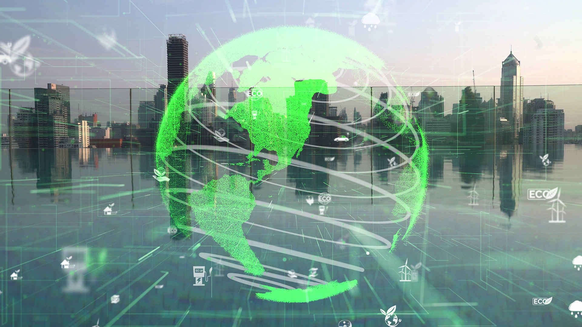 Illustration of sustainability featuring a city with a green globe superimposed on top of it and eco icons